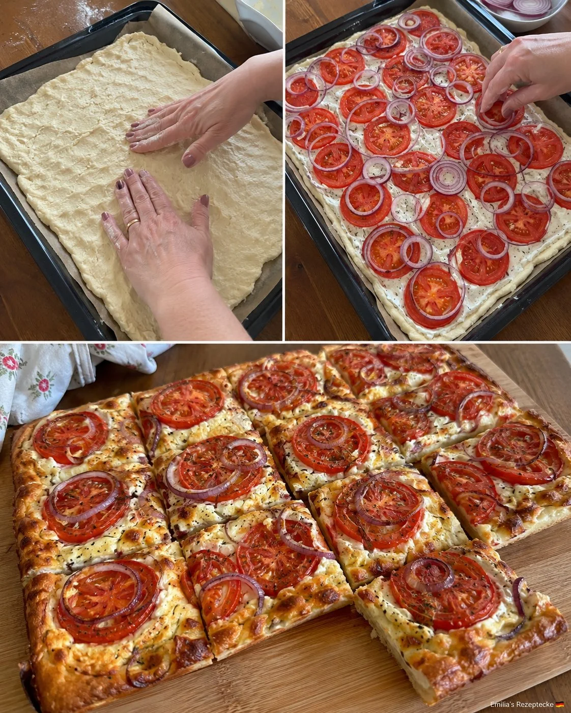 Tomaten-Zwiebel-Kuchen vom Blech, frisch aus dem Ofen, appetitlich angerichtet