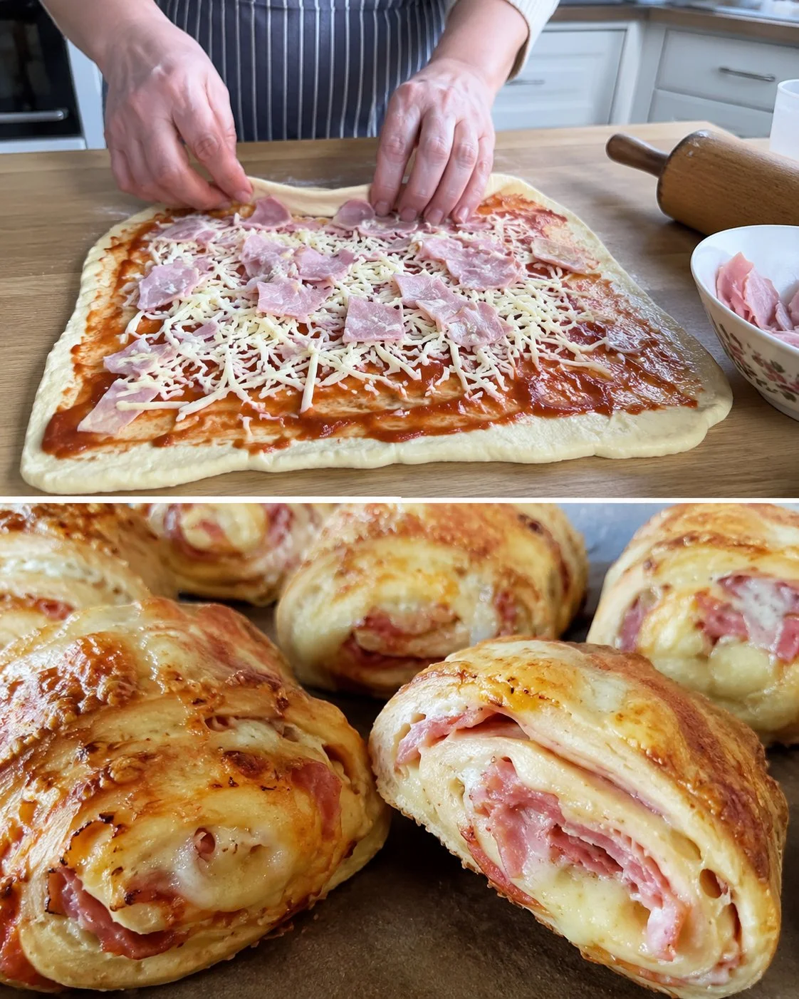 Crispy Topfen-Öl-Pizzaweckerl auf einem Holzbrett serviert