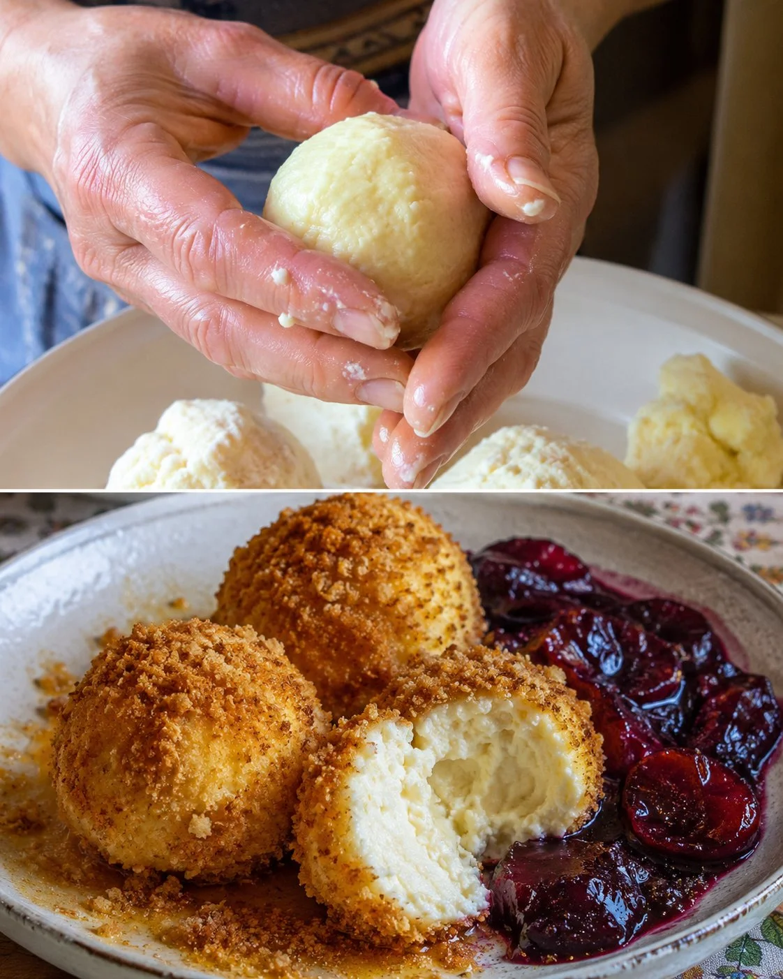 Leckere Topfenknödel serviert mit Butterbröseln und Zwetschkenröster