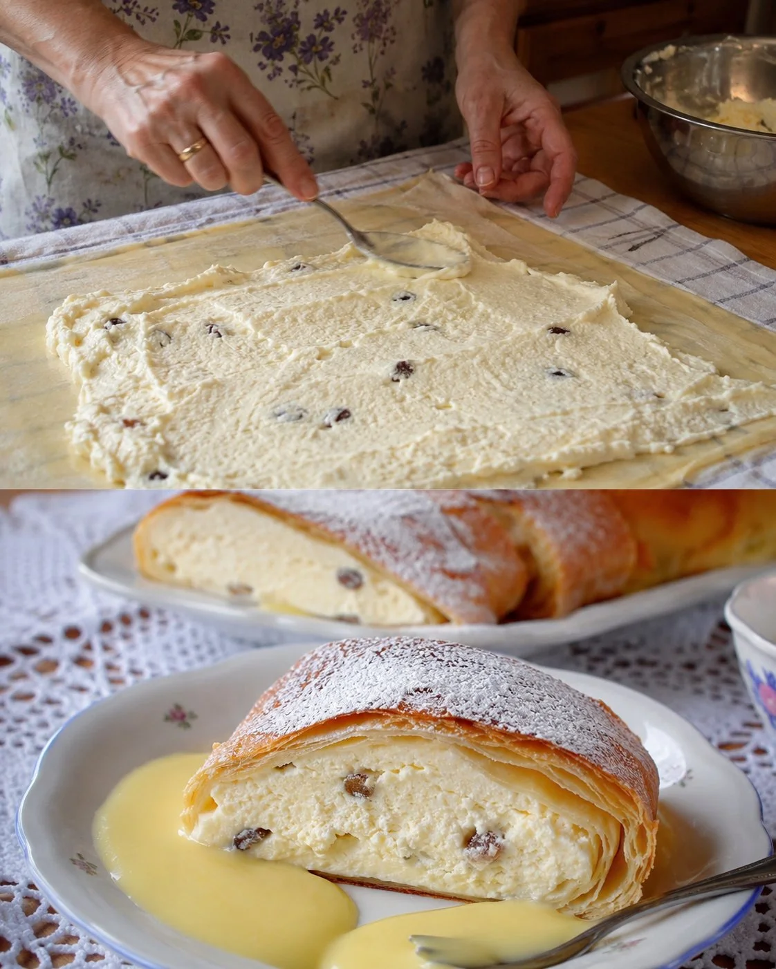 Topfenstrudel mit Vanillesauce auf einem Teller serviert