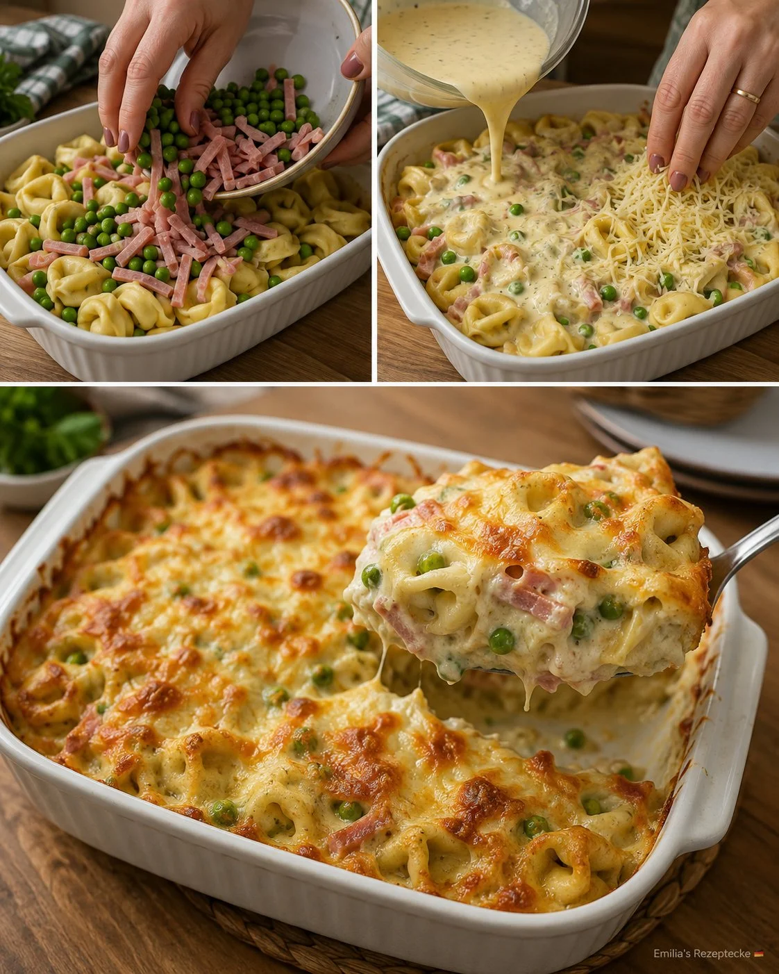 Tortellini-Auflauf mit Schinken und Erbsen im Ofen gebacken
