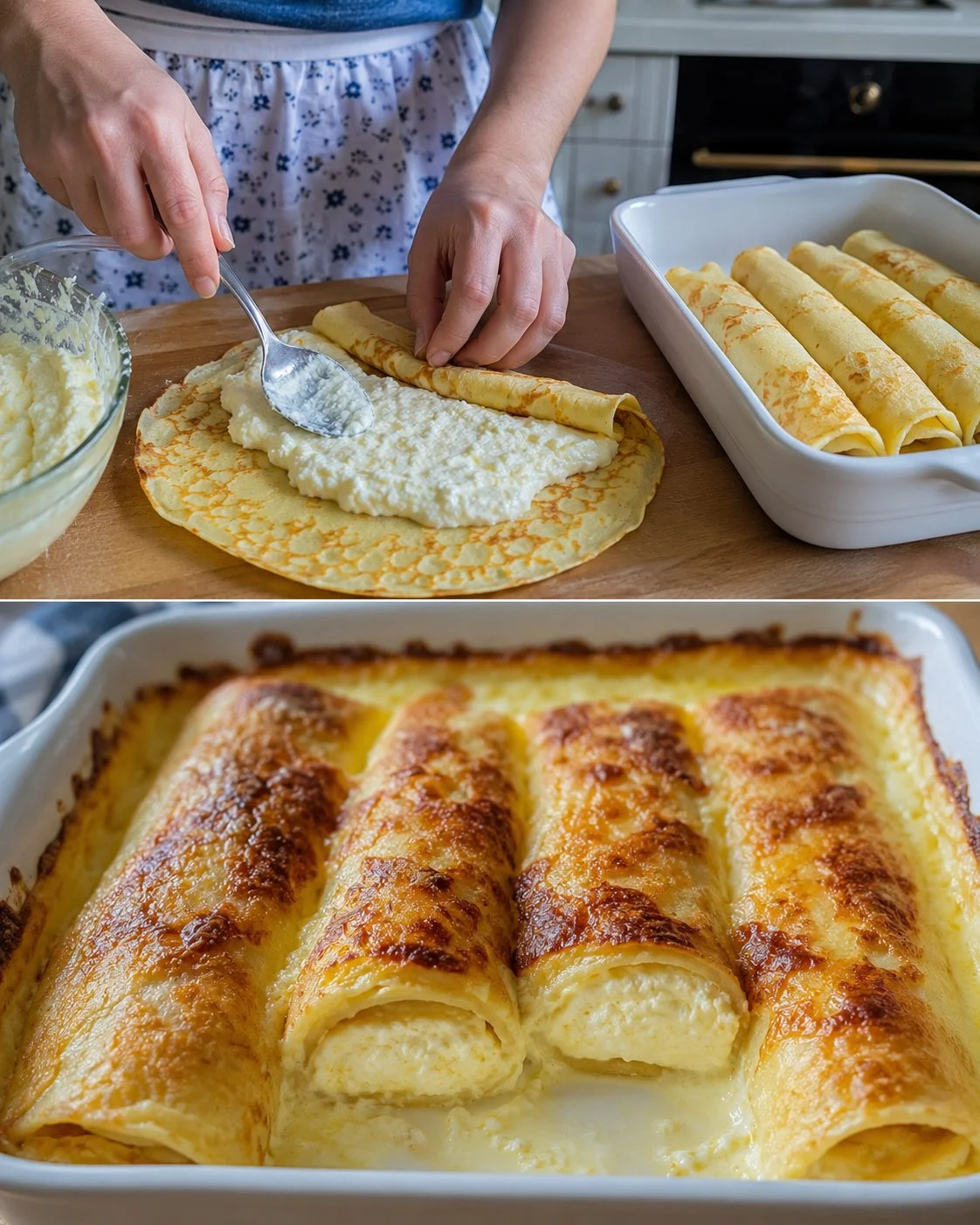 Überbackene Topfenpalatschinken mit cremiger Füllung und goldbrauner Kruste