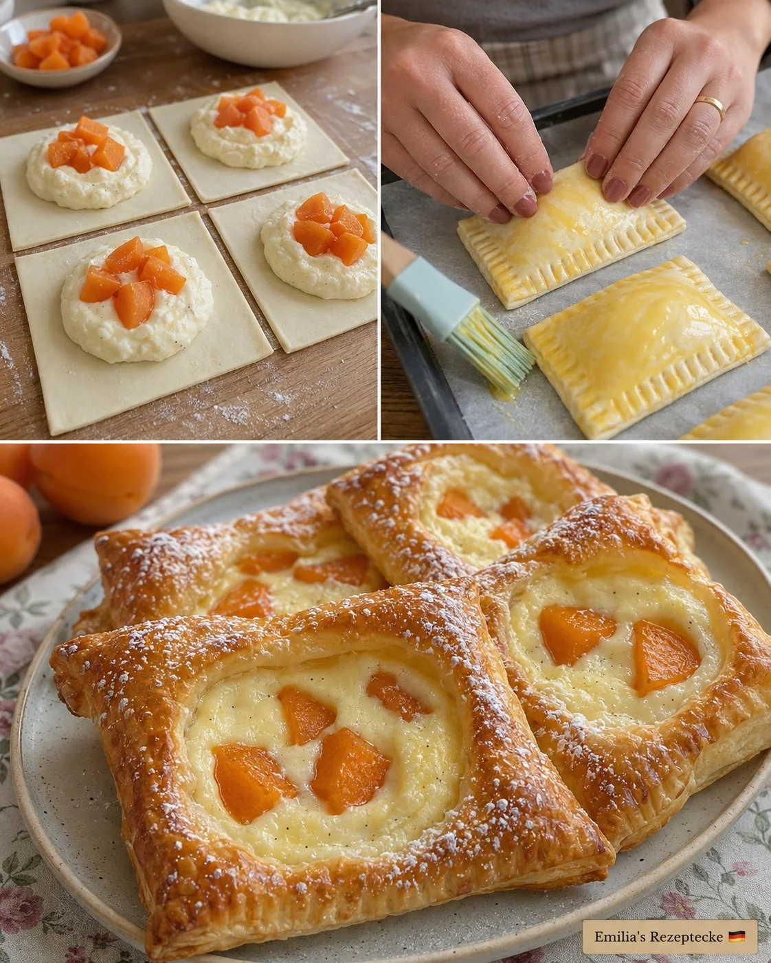Leckere Vanille-Quark-Taschen gefüllt mit frischen Aprikosen