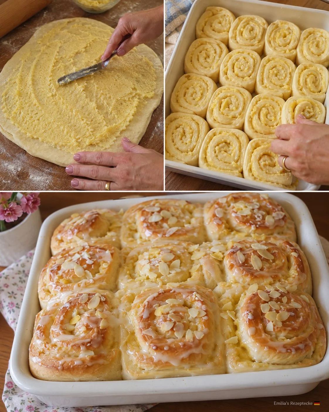 Leckere Vanille-Schnecken mit Mandelsplittern auf einem Teller