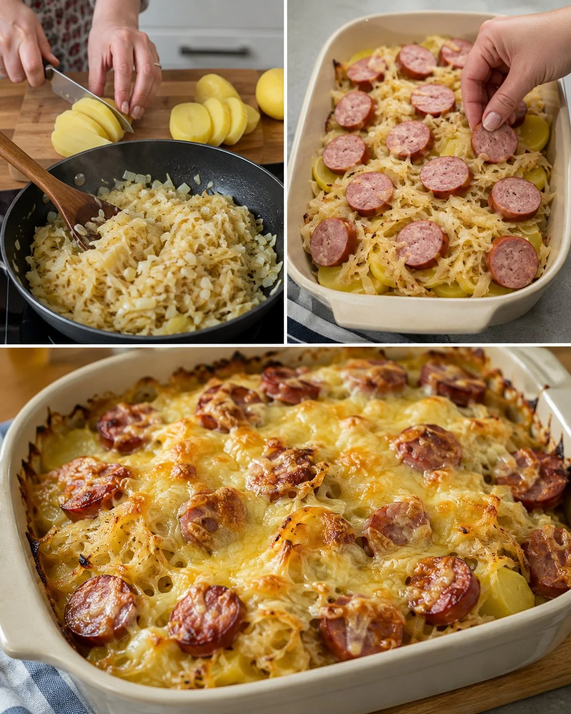 Warmer Sauerkraut-Kartoffel-Auflauf mit Rinderwurst in einer Auflaufform