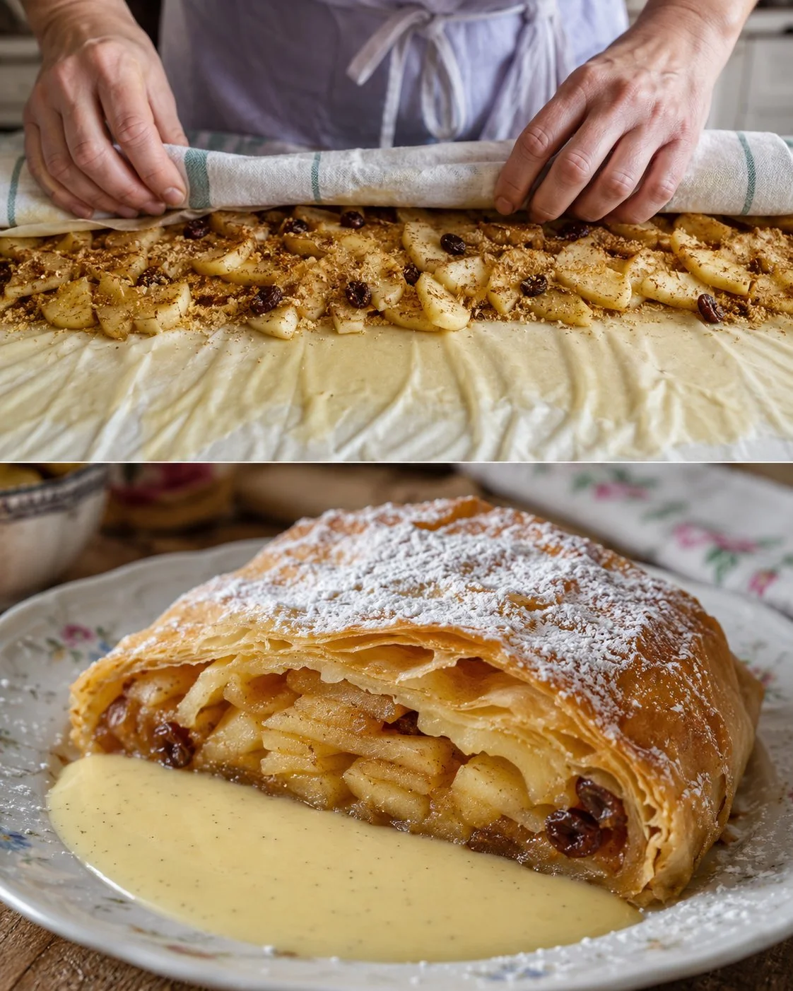 Wiener Apfelstrudel mit Vanillesauce auf einem Teller serviert