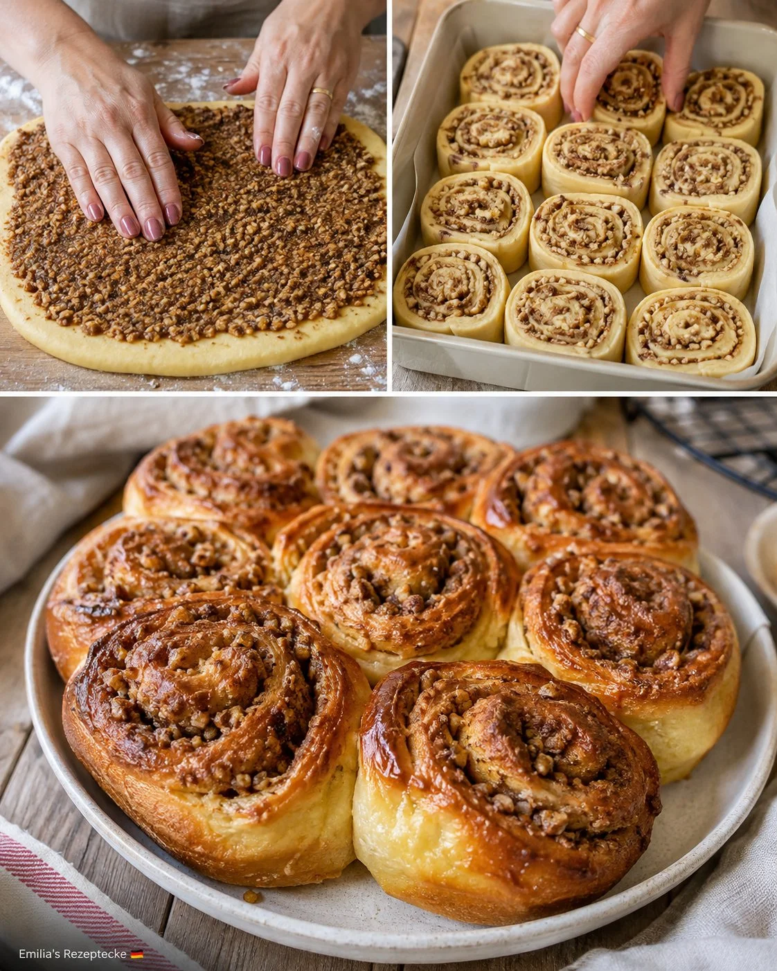 Zimt-Brioche-Schnecken mit Nussfülle auf einem Teller serviert
