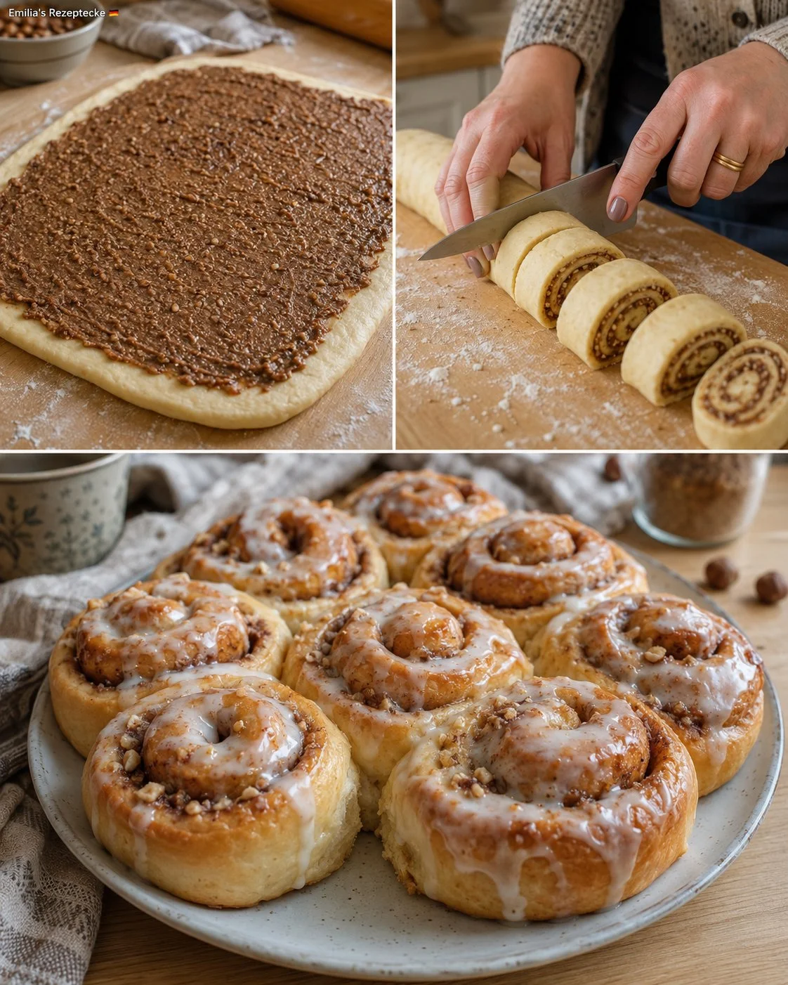 Zimt-Haselnuss-Schnecken mit köstlicher Vanilleglasur auf einem Teller serviert