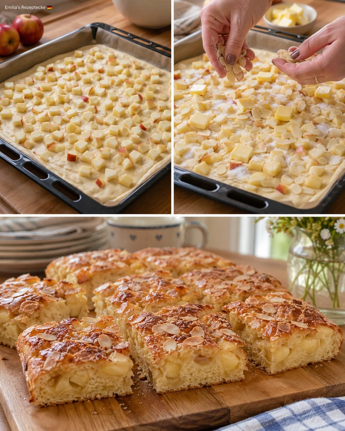 Zimtige Apfel-Butterkuchen-Stücke auf einem Teller serviert