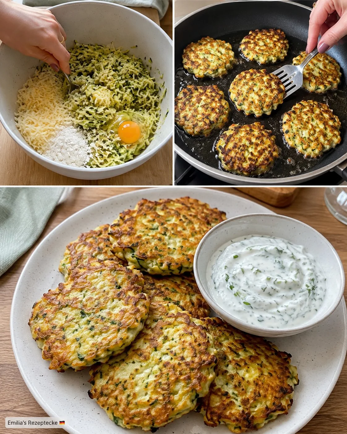 Zucchini-Käse-Puffer serviert mit Joghurtdip auf einem Teller.