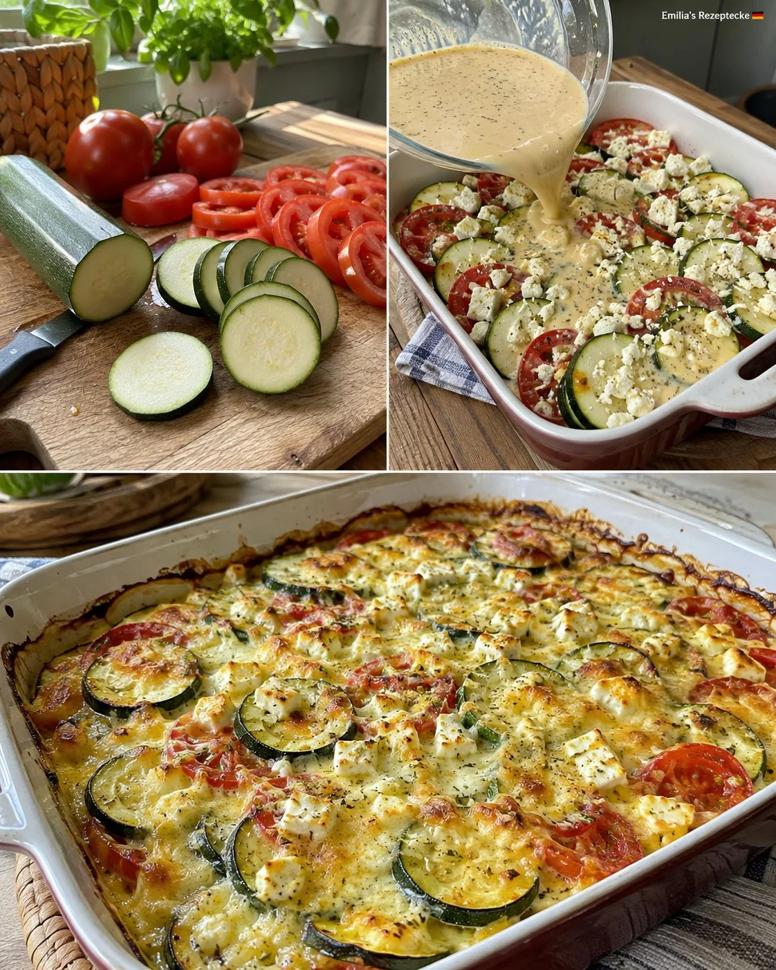 Zucchini-Tomaten-Auflauf mit Hirtenkäse frisch aus dem Ofen