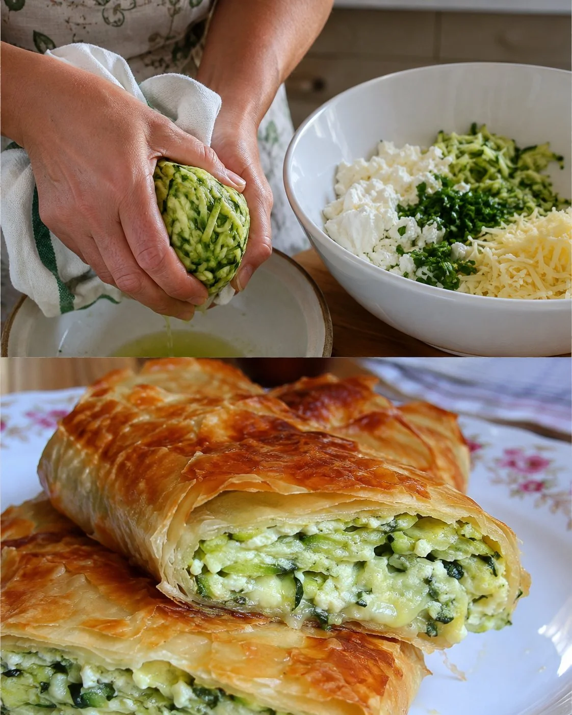 Zucchinistrudel mit Topfen und Kräutern auf einem Teller