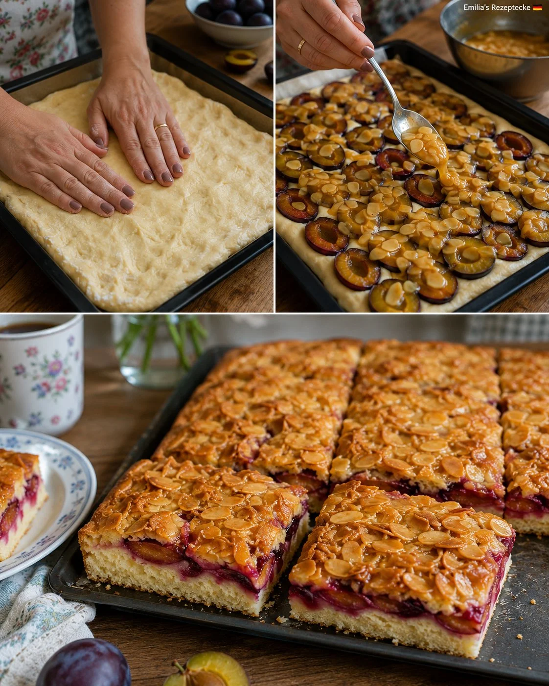 Zwetschgen-Bienenstich-Blechkuchen mit Sahnefüllung und Mandeln