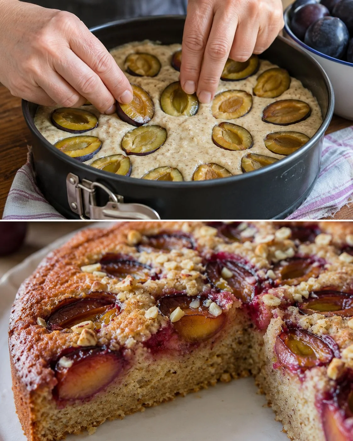 Zwetschgen-Haselnuss-Kuchen auf einem Teller garniert mit frischen Zwetschgen.
