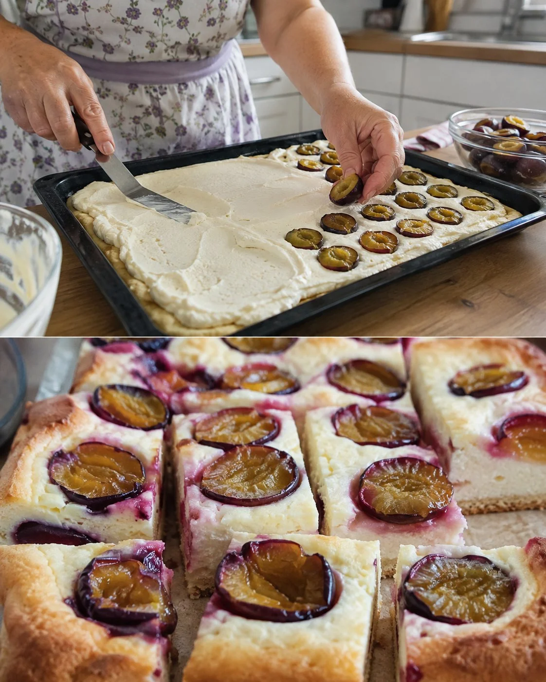 Saftiger Zwetschgen-Topfen-Blechkuchen auf einem Blech serviert