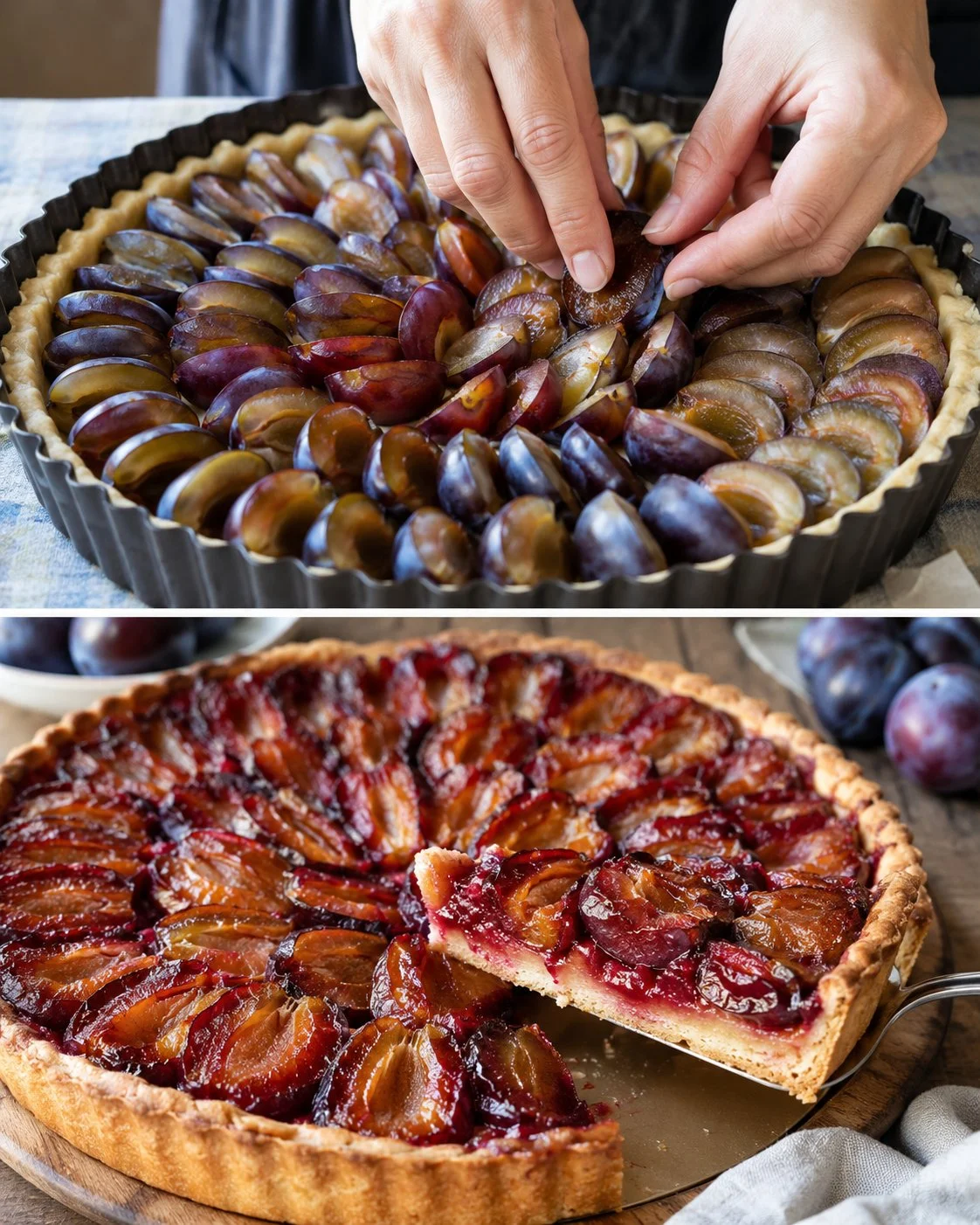 Leckerer Zwetschgenkuchen mit Mürbteig auf einem Holzbrett präsentiert.