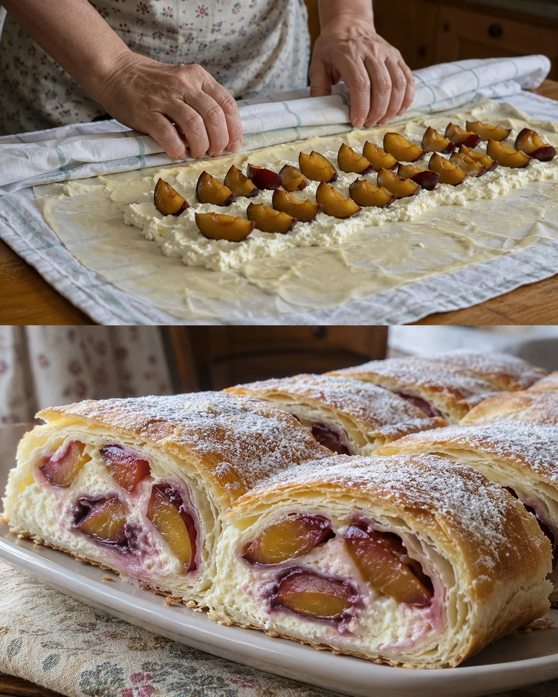 Leckerer Zwetschkenstrudel mit Topfen auf einem Teller serviert