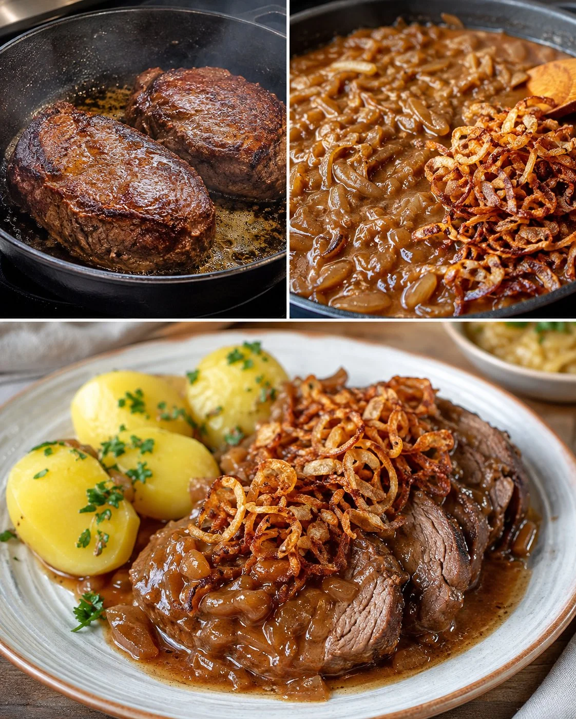 Zwiebel-Rinderbraten mit knusprigen Schalotten auf einem Teller
