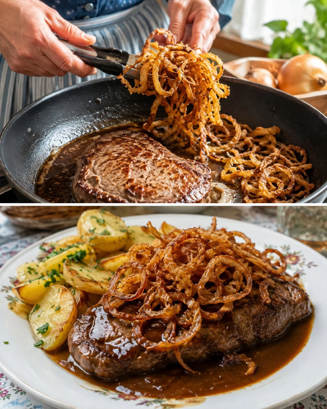 Zwiebelrostbraten mit Braterdäpfeln auf einem Teller serviert