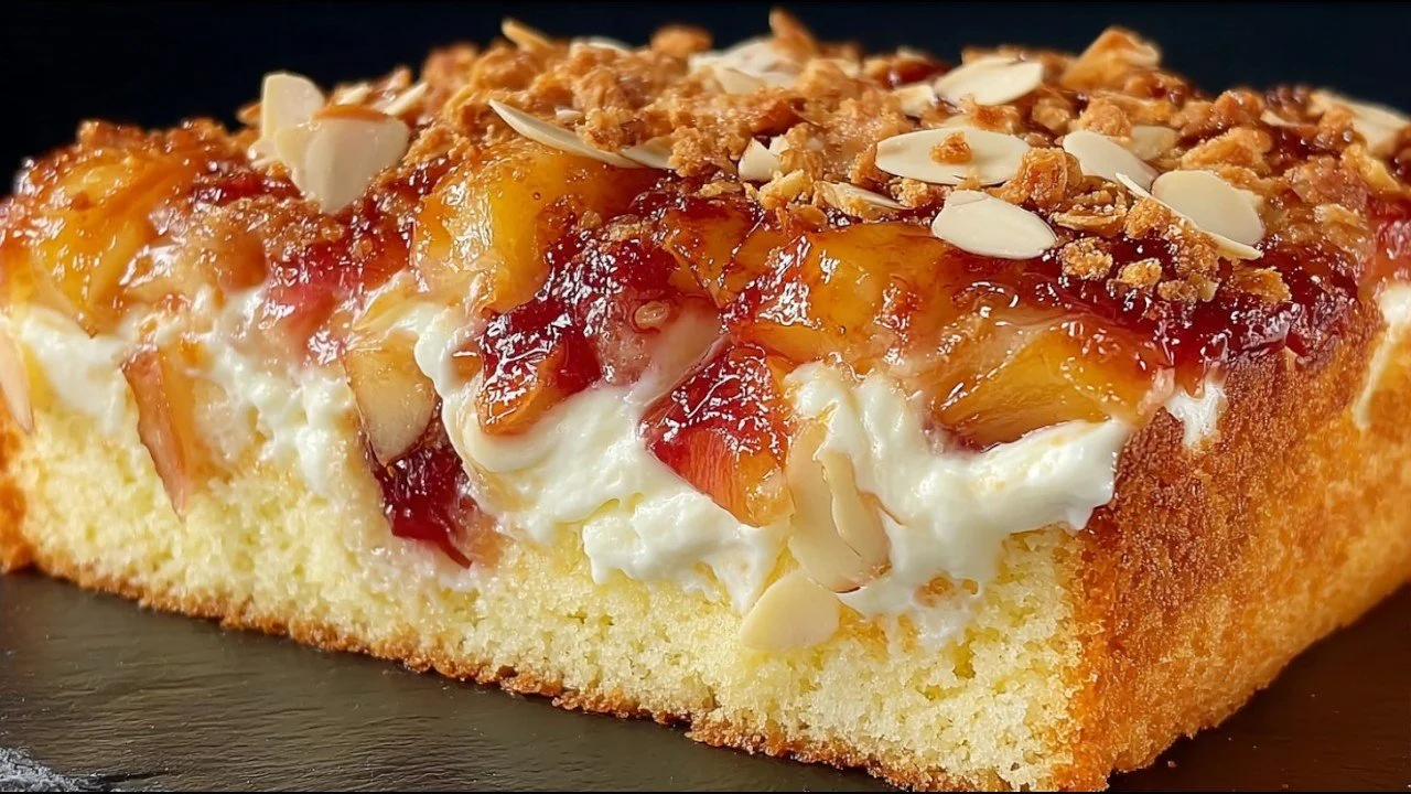 Saftiger Apfel-Pflaumen-Joghurt-Kuchen auf einem Teller serviert.