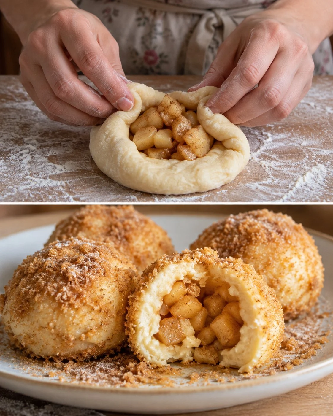Apfel-Topfenknödel mit Butterbröseln auf einem Teller serviert