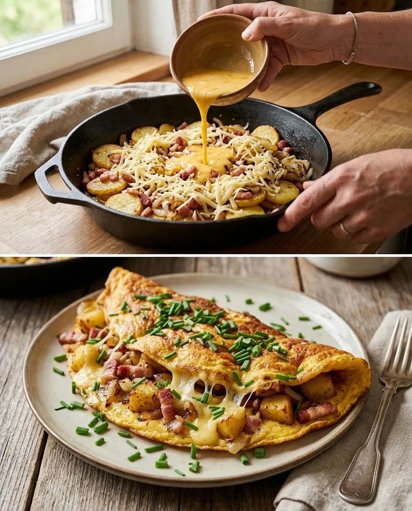 Bauernomelett mit Erdäpfeln, Speck und Käse auf einem Teller