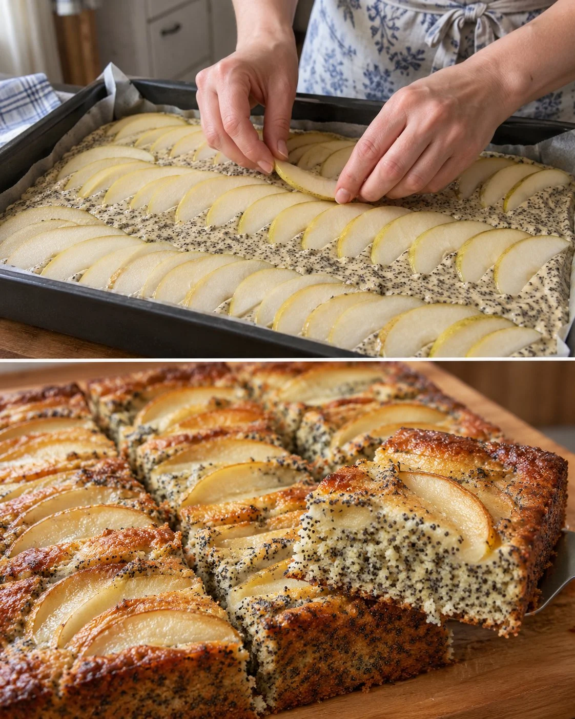 Saftiger Birnen-Mohn-Blechkuchen frisch gebacken auf einem dekorativen Teller.