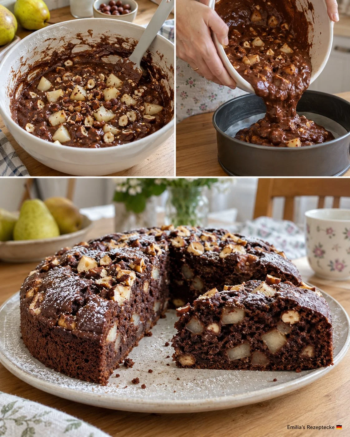 Birnen-Schoko-Kuchen mit Haselnüssen auf einem Teller