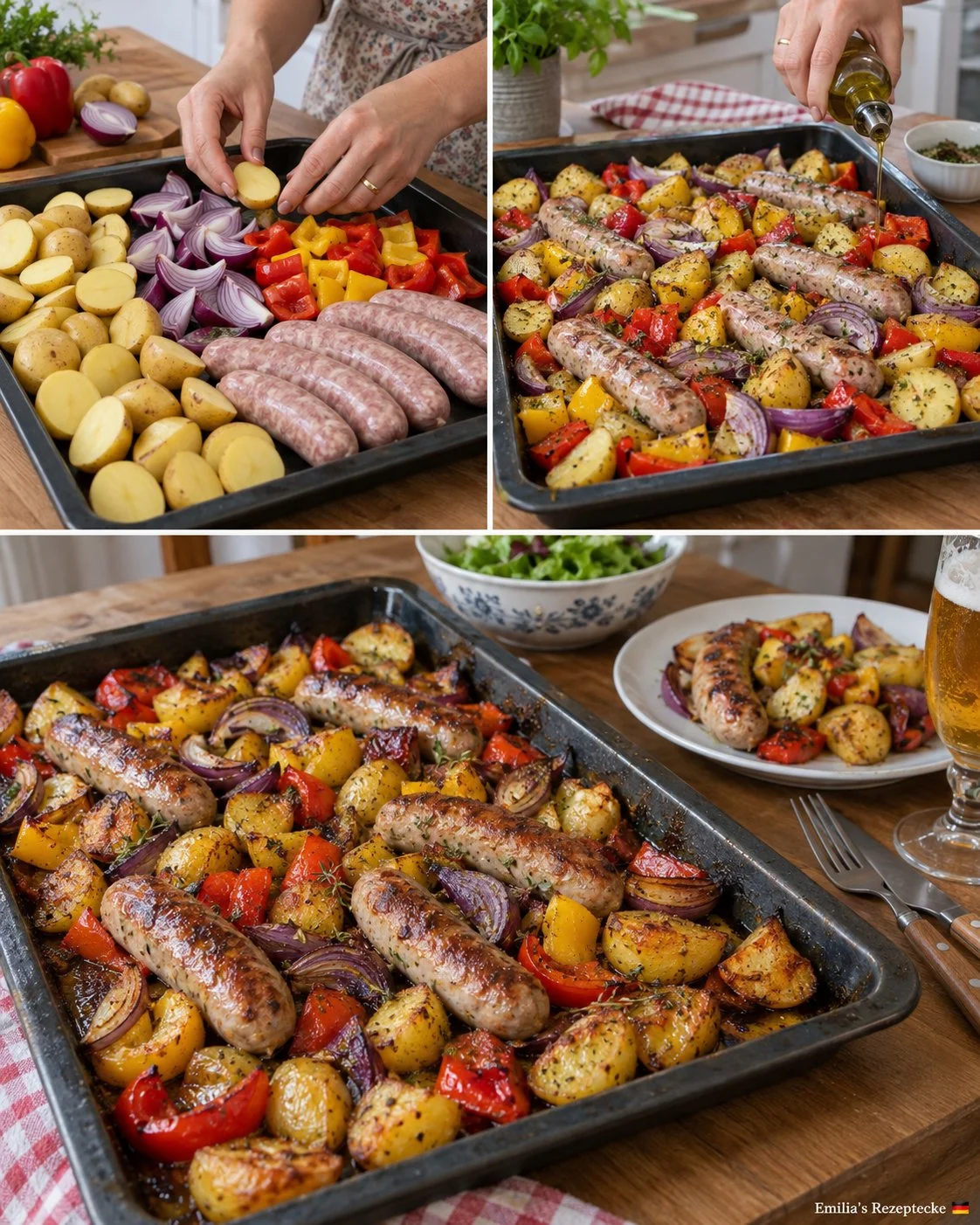 Bratwurst-Zwiebel-Blech mit Kartoffeln frisch aus dem Ofen