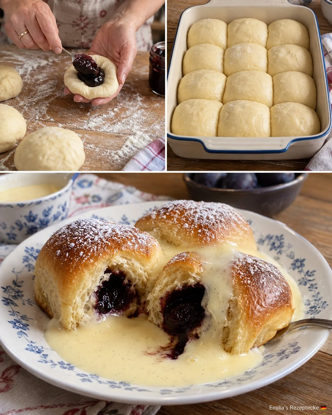 Buchteln mit Pflaumenmus und Vanillesoße, ein leckeres Dessert.
