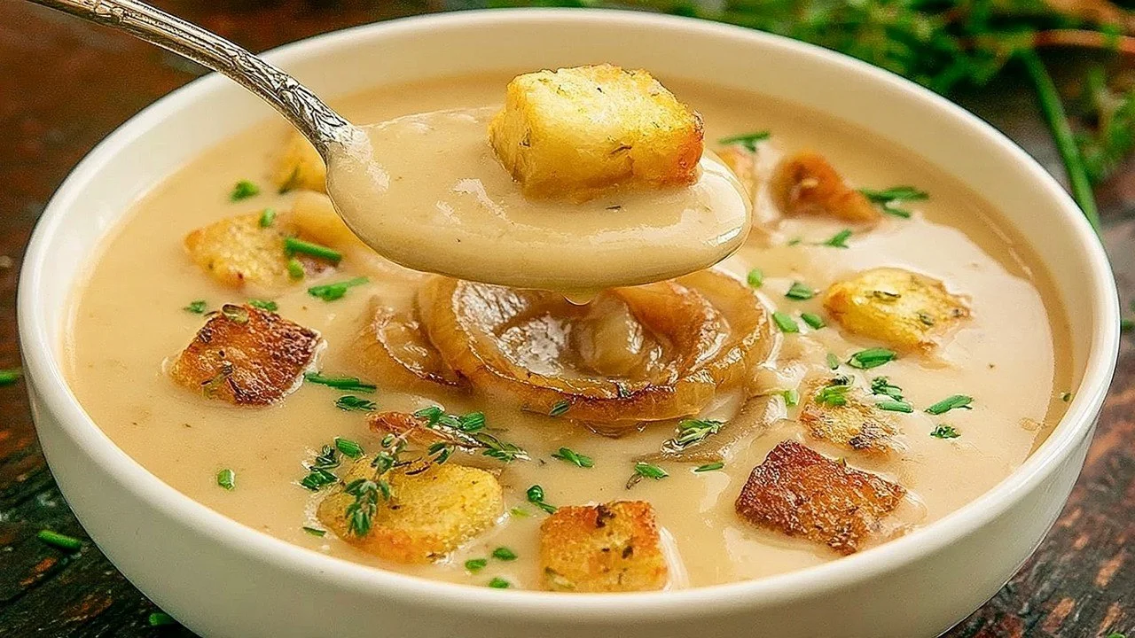 Eine leckere Schüssel Zwiebelsuppe mit Käse überbacken und frischen Kräutern.