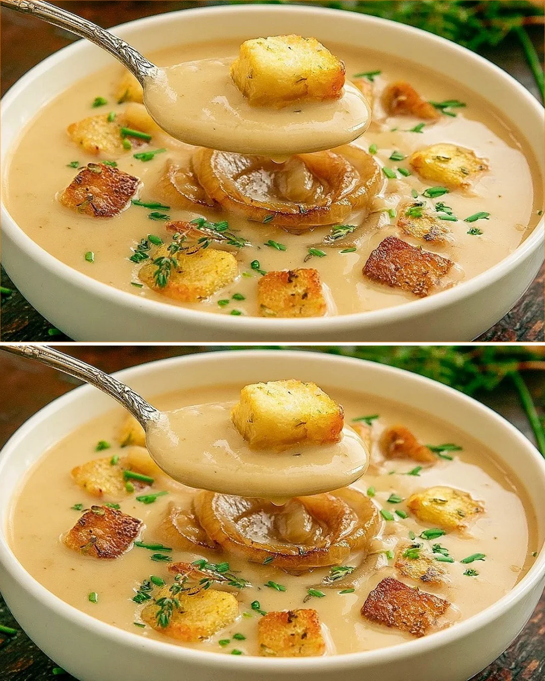 Schüssel mit leckerer Zwiebelsuppe, einfache Rezeptidee für jedes Abendessen.