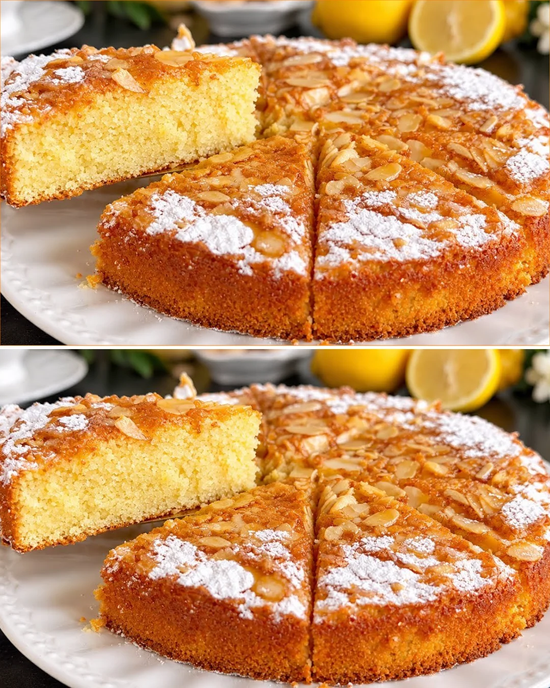 Glutenfreier Mandel-Zitronen-Kuchen auf einem Teller mit frischen Zitronen