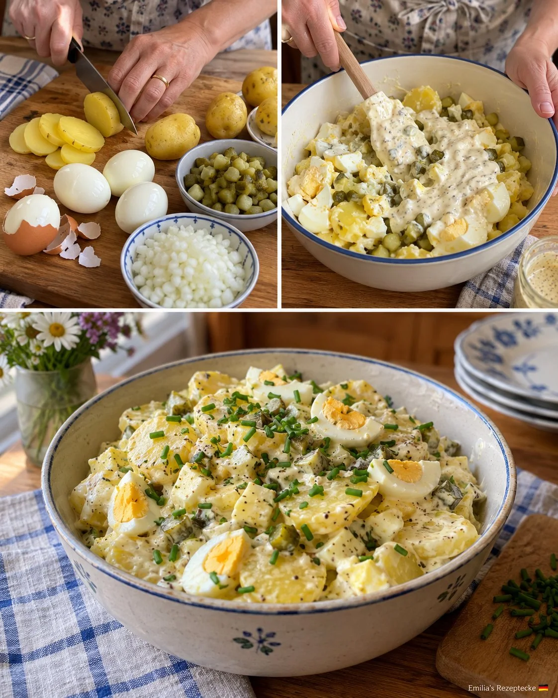 Eier-Kartoffel-Salat mit Gewürzgurken in einer dekorativen Schüssel
