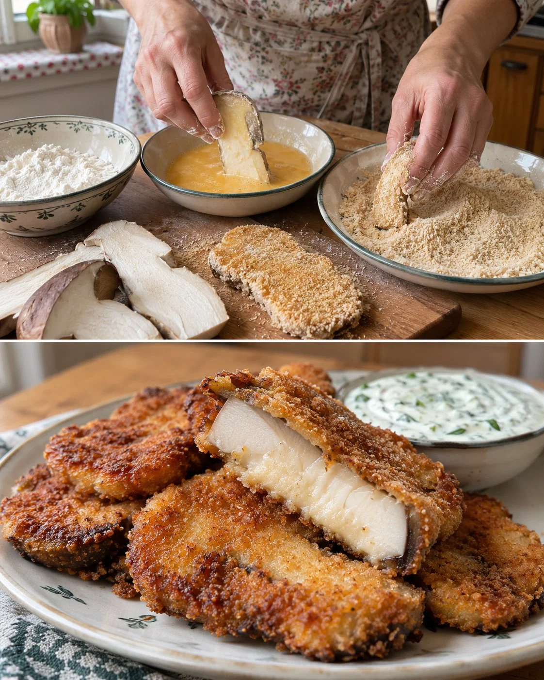 Gebackene Steinpilz-Schnitzel mit frischem Kräuterdip auf einem Teller angerichtet