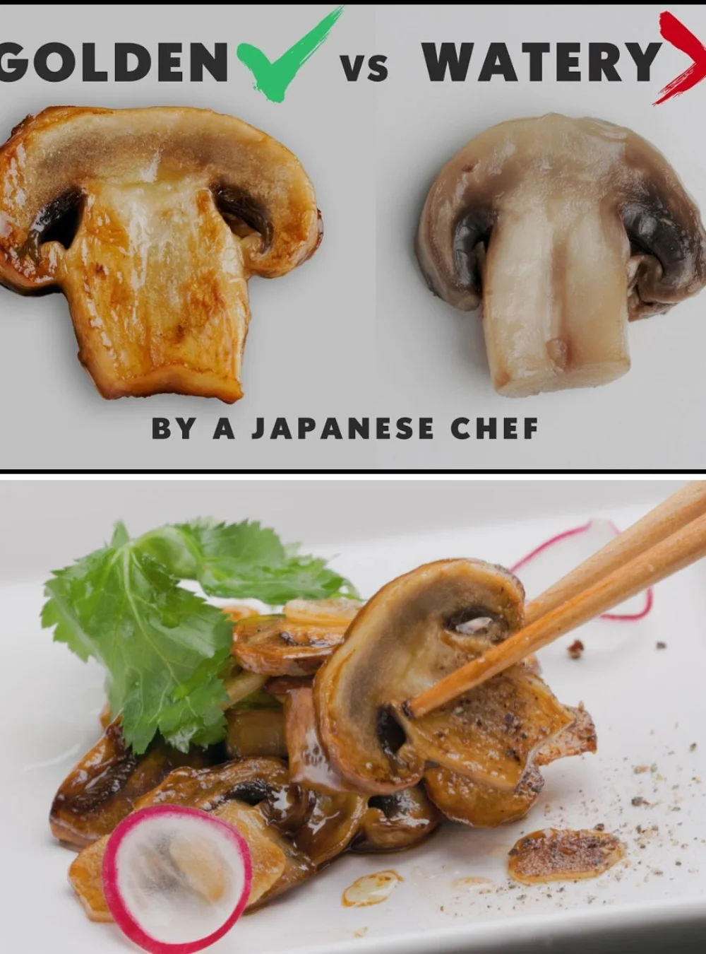 Pilze goldbraun braten ohne Öl, Technik des japanischen Kochs