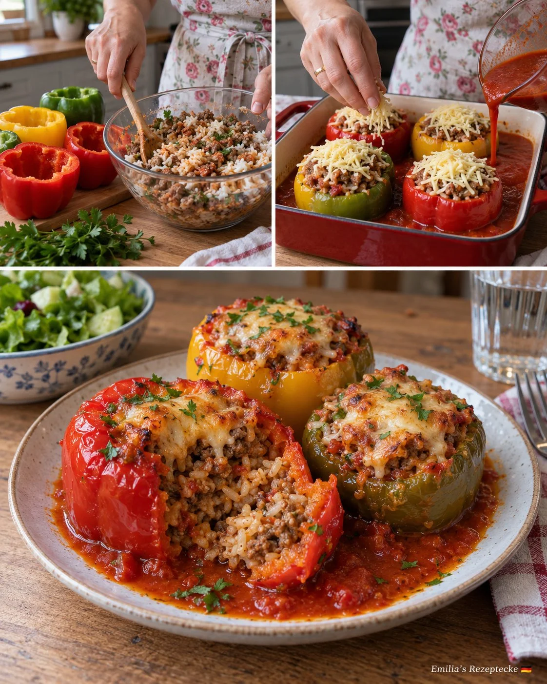 Gefüllte Paprika mit Reis und Hackfleisch auf einem Teller angerichtet