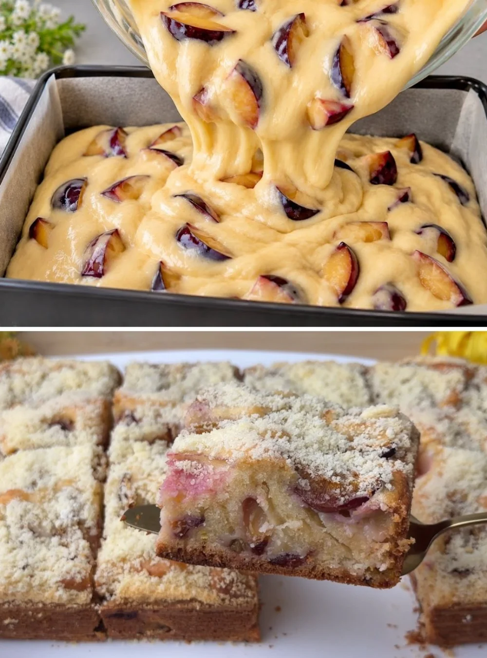 Omas 8-Löffel-Pflaumenkuchen zubereitet in 5 Minuten, schnell und einfach mit Pflaumen
