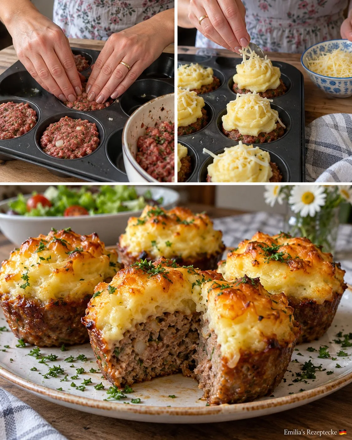 Hackbraten-Muffins mit Kartoffelhaube auf einem Teller angerichtet