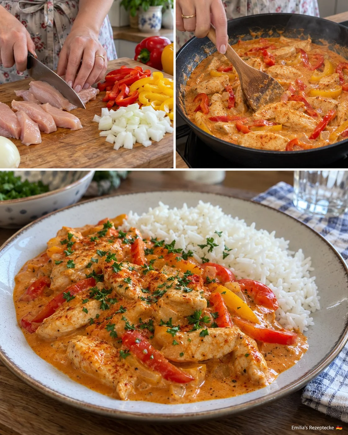 Hähnchen-Paprika-Rahm-Pfanne mit Reis auf einem Teller serviert