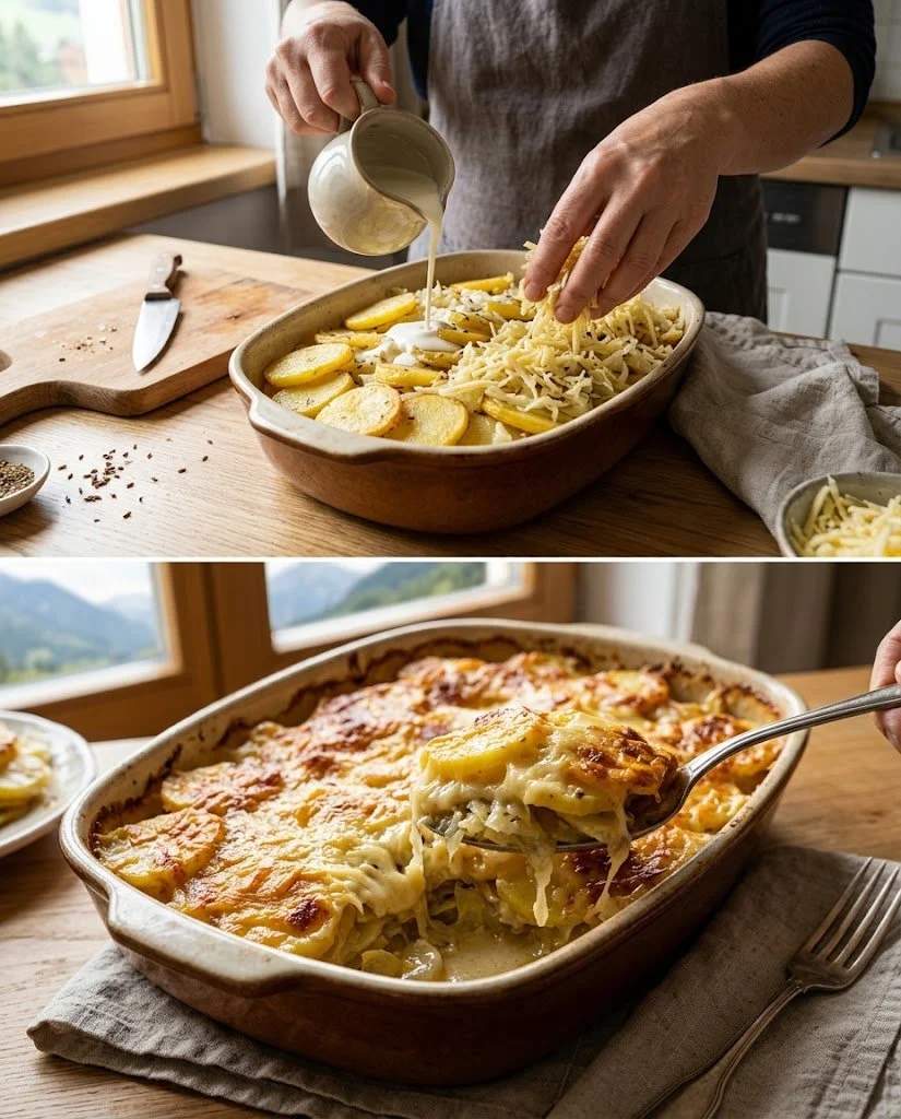 Herbstlicher Kraut-Erdäpfel-Auflauf mit Bergkäse und frischen Zutaten