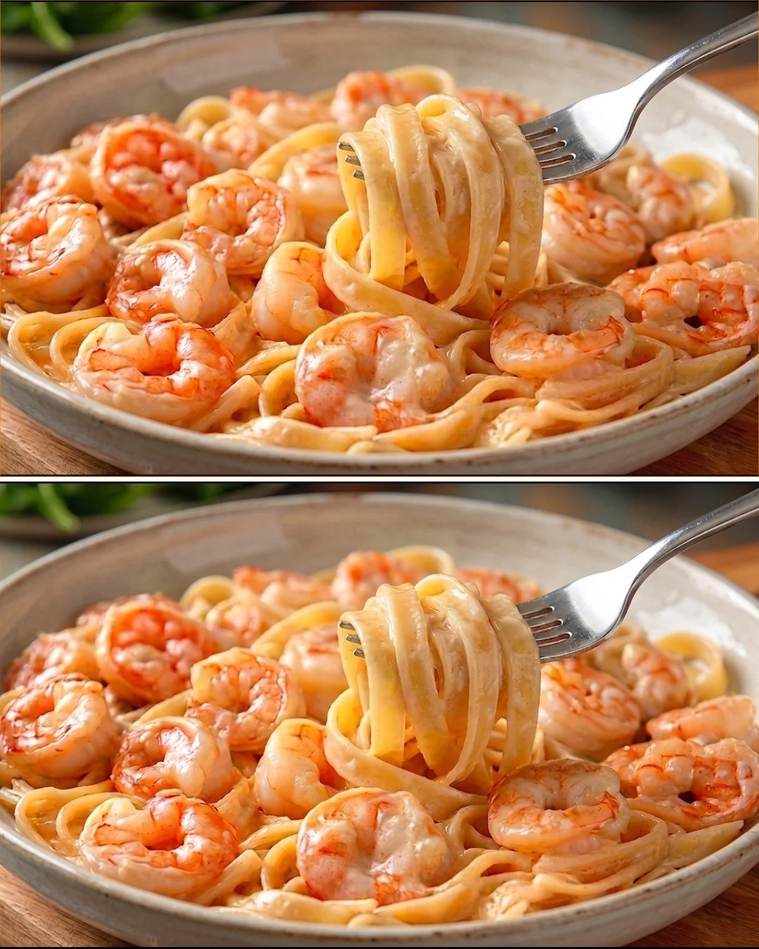 Garnelen-Pasta mit cremiger Alfredo-Soße, serviert auf einem Teller