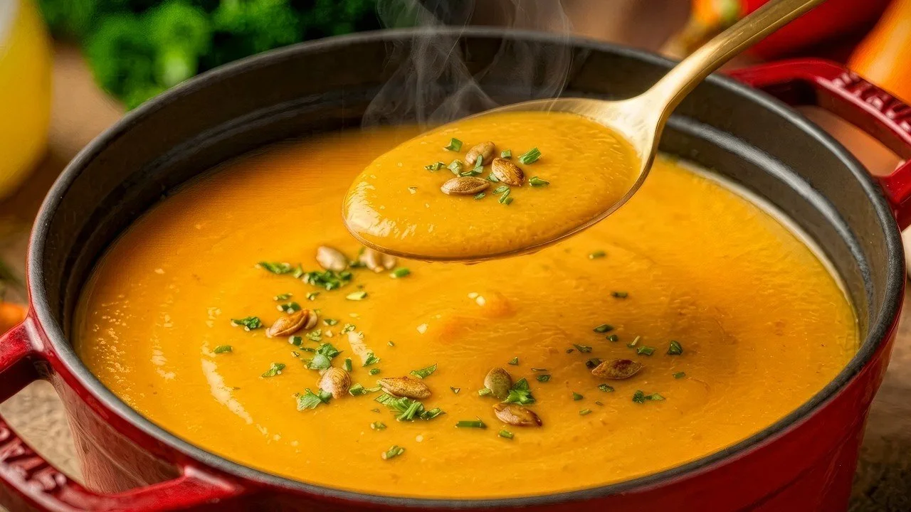 Kürbis-Kichererbsensuppe in einer Schüssel garniert mit frischen Kräutern.