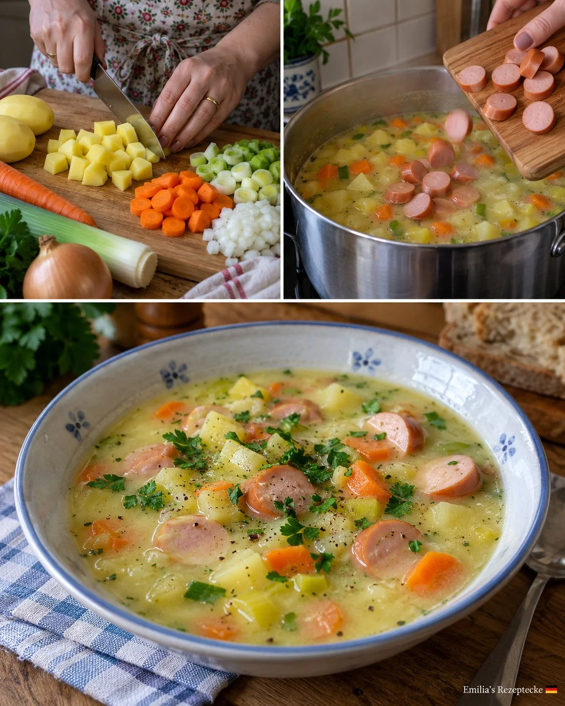 Schüssel mit Kartoffelsuppe und Wiener Würstchen auf einem Tisch