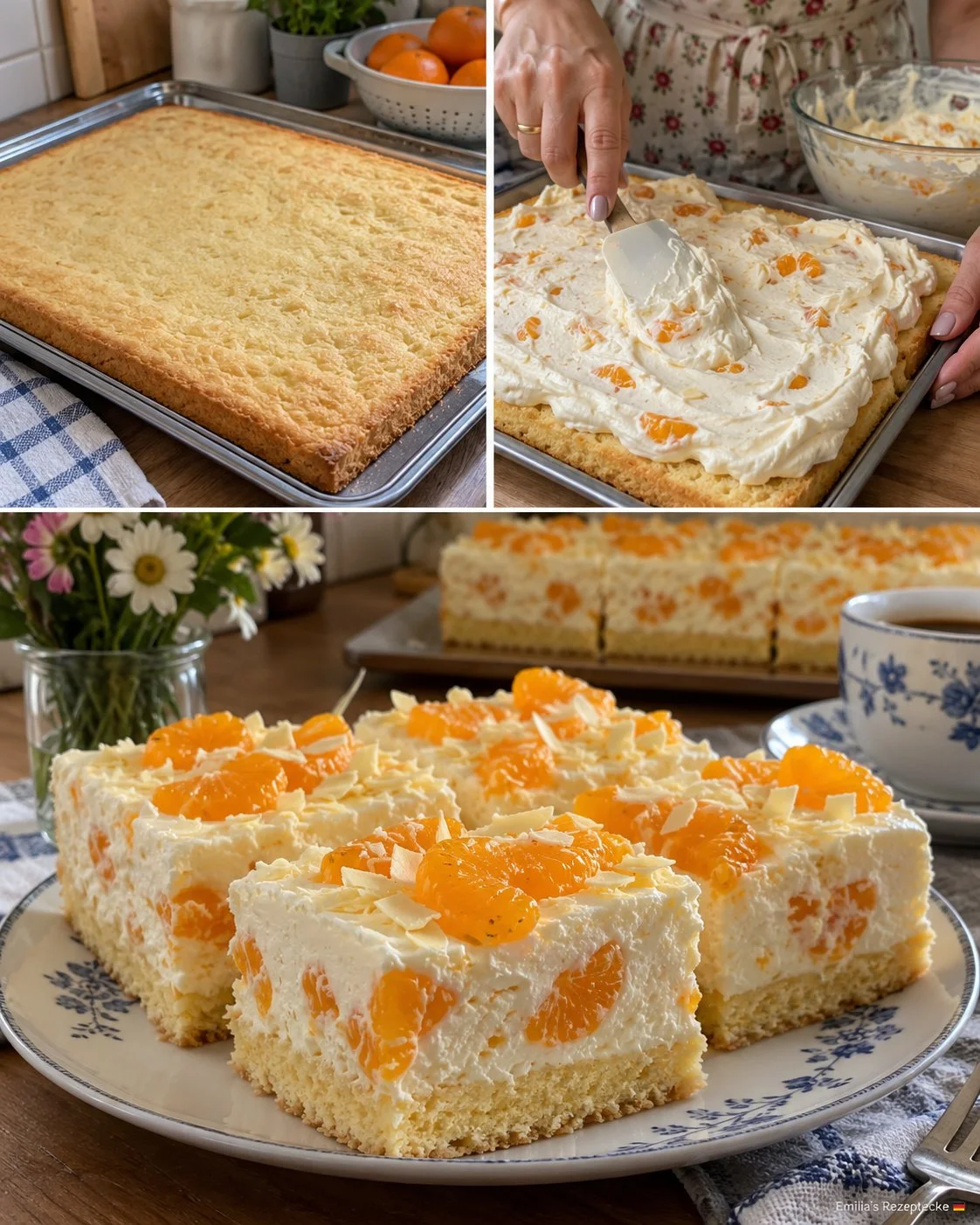 Käse-Sahne-Schnitten mit Mandarinen auf einem Teller