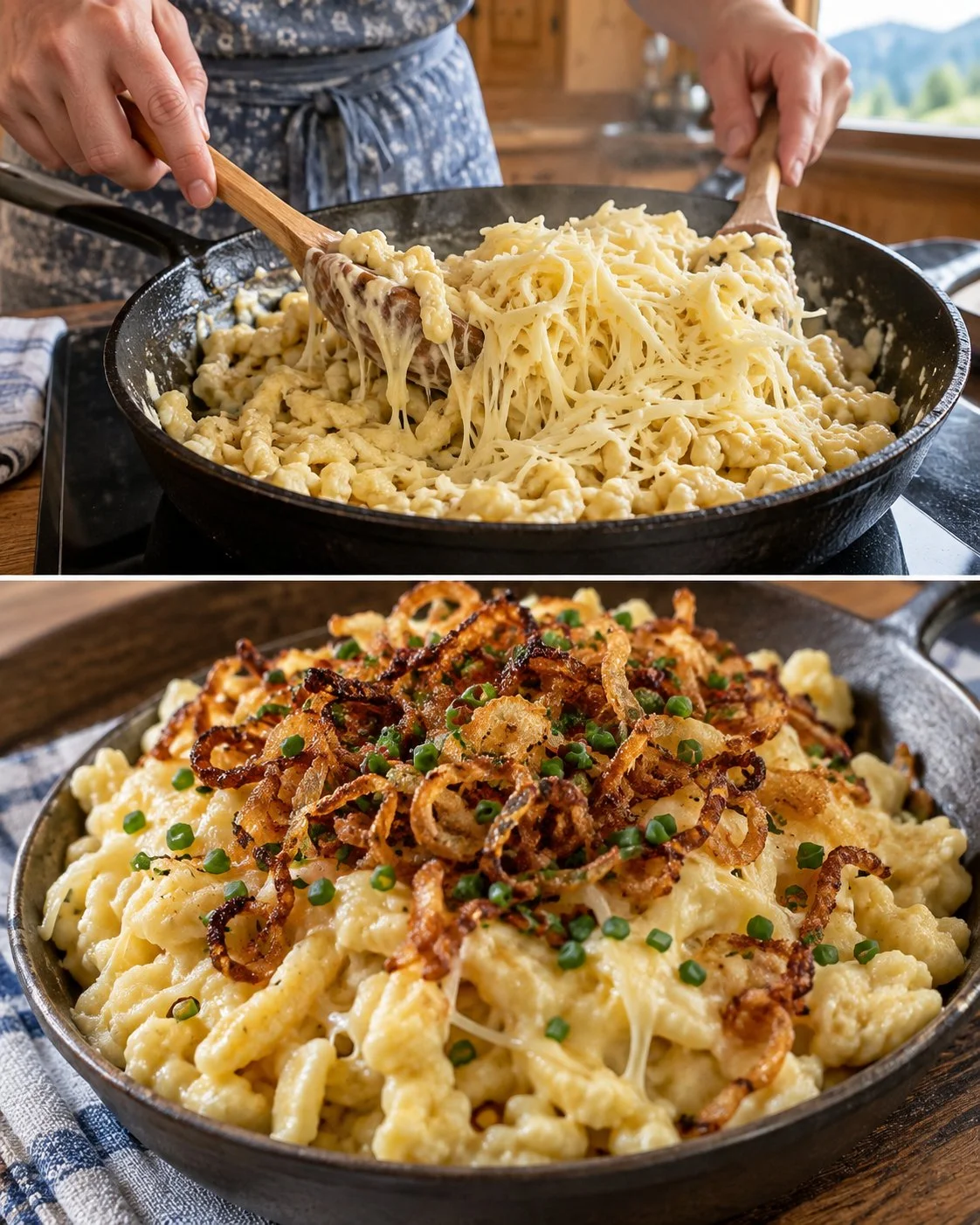 Käsespätzle mit Röstzwiebeln auf einem Teller serviert