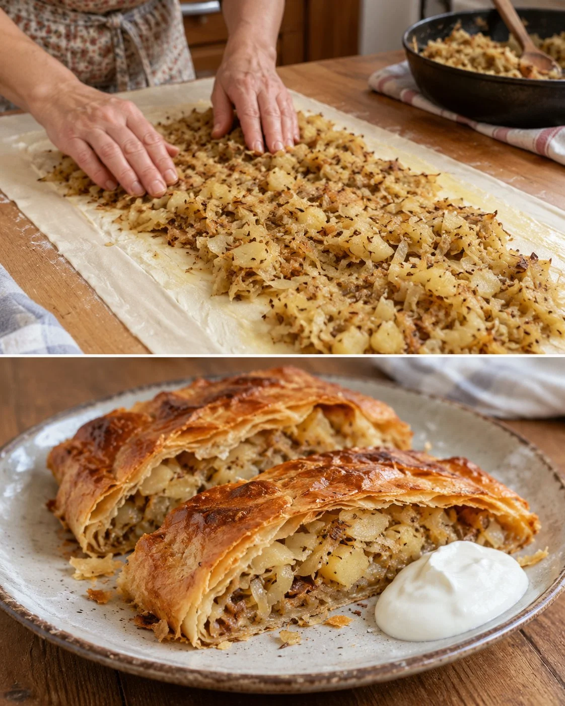 Krautstrudel mit Erdäpfeln und Kümmel auf einem Teller