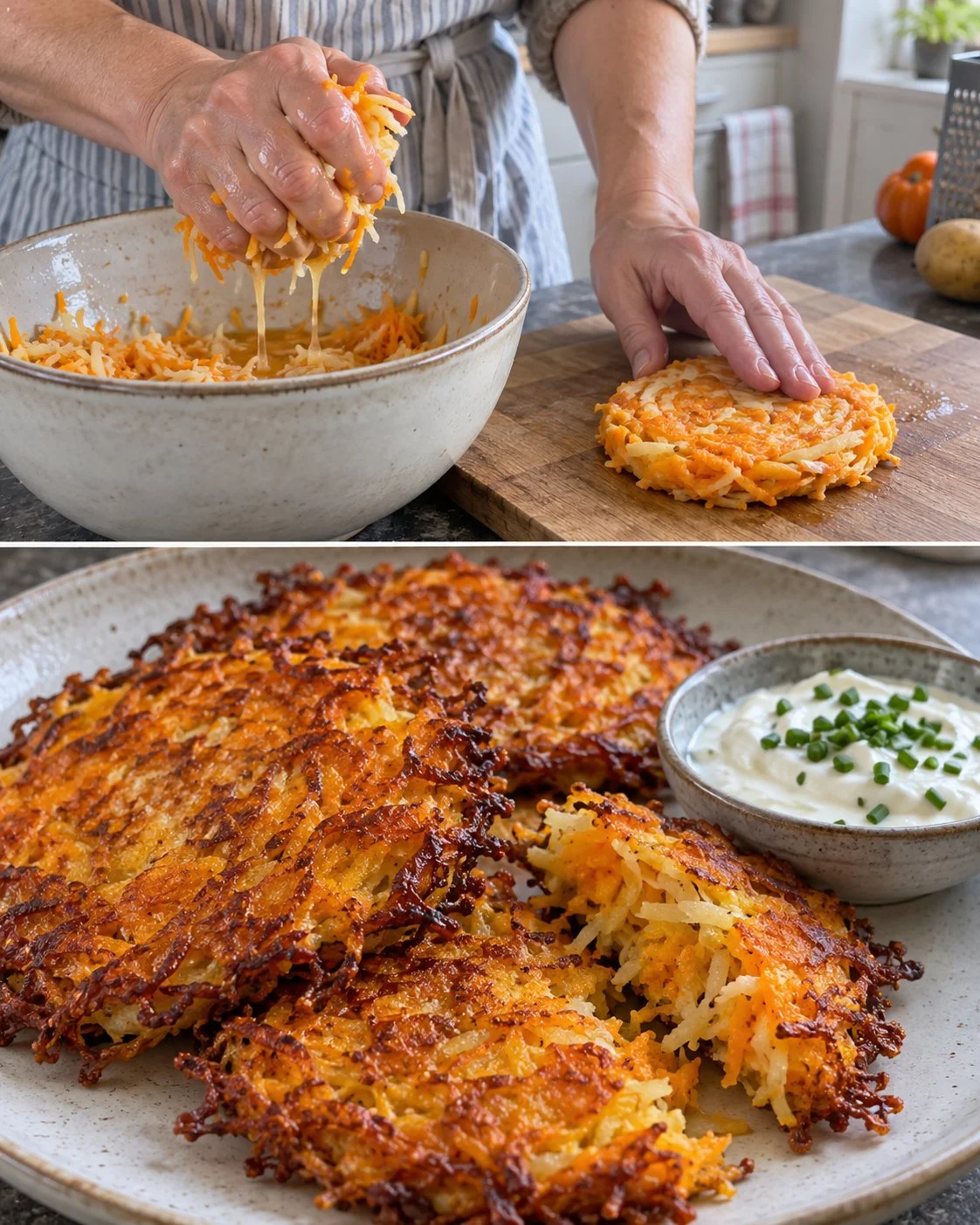 Kürbis-Erdäpfel-Rösti mit Sauerrahm auf einem Teller angerichtet