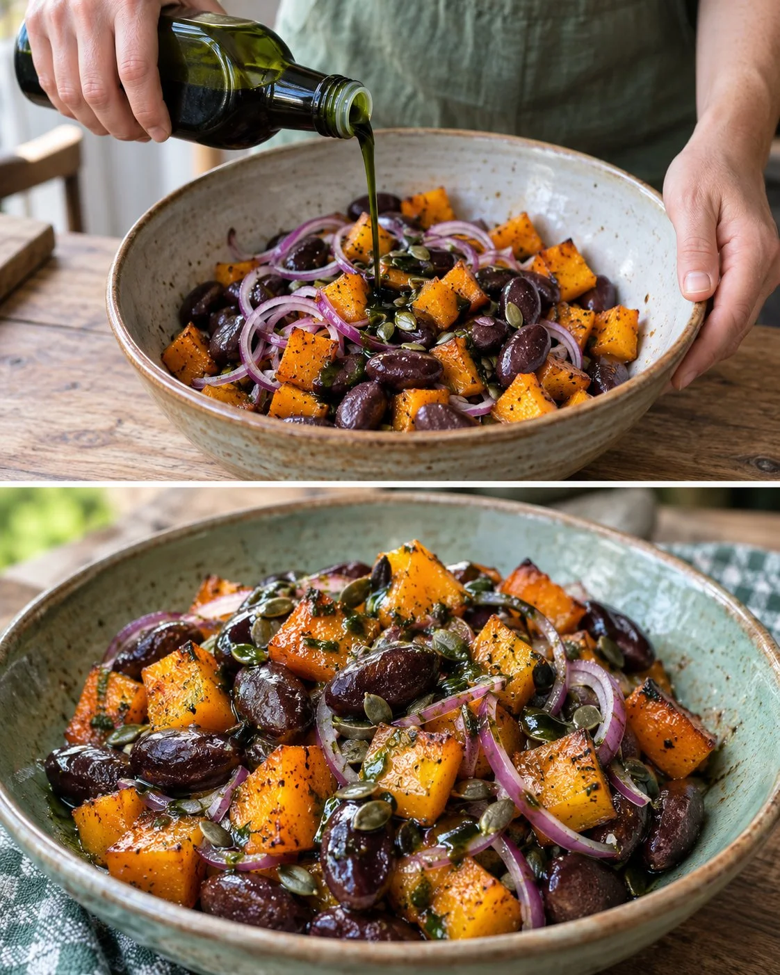 Kürbis-Käferbohnen-Salat mit Kernöl in einer Schüssel serviert