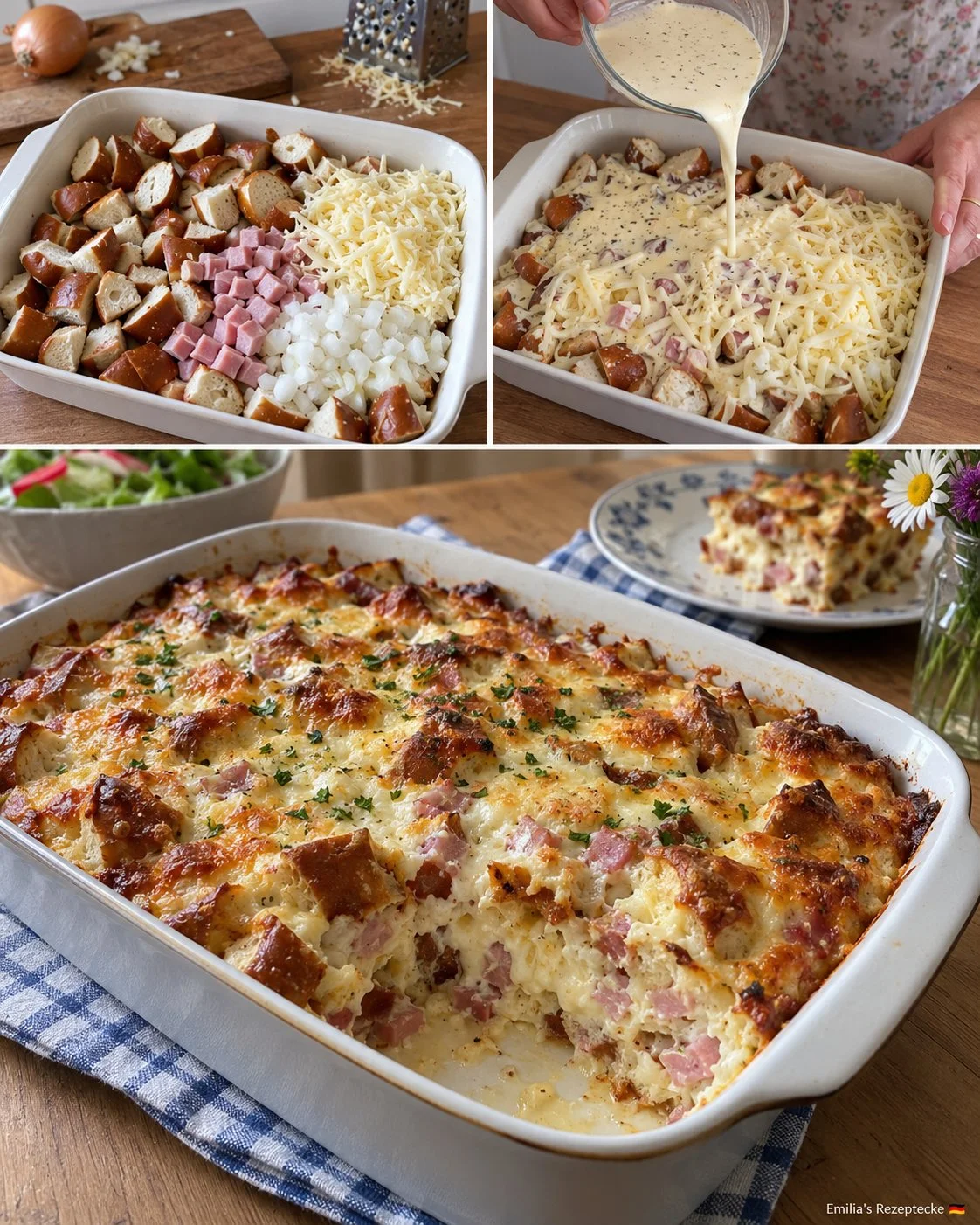 Laugenstangen-Auflauf mit Schinken und Käse frisch aus dem Ofen